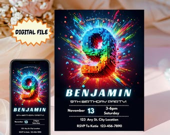 9th Birthday Boy, Editable 9th Birthday Invitation, Number 9 Digital Invite, Boy Birthday Invitation, 9th Birthday Invite,Boy Number Invite