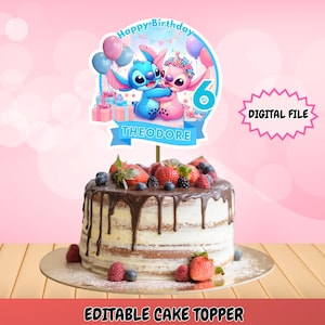 Stitch Birthday Cake topper, Kids Stitch Angel Birthday Cake Topper, Editable & Printable Topper,  Cute Stitch Party, Digital Download