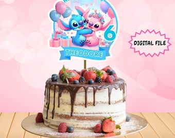Stitch verjaardagstaarttopper, kinder Stitch Angel verjaardagstaarttopper, bewerkbare en afdrukbare topper, schattig Stitch-feestje, digitale download
