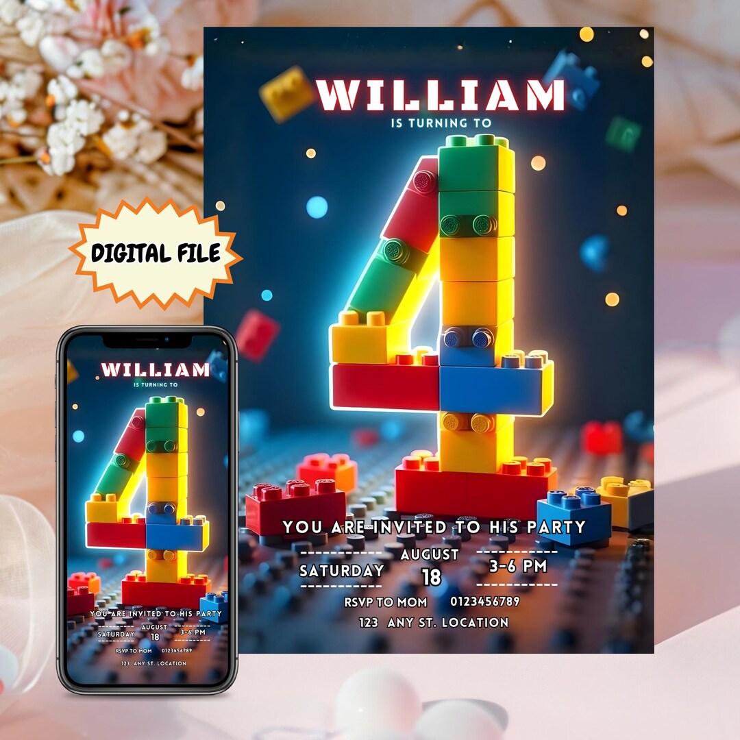 4th Building Blocks Birthday Invitation, Building Blocks Invite, Bricks ...
