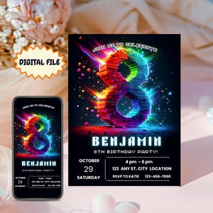 May include: Digital file of an 8th birthday party invitation. The design features a vibrant, pixelated number 8 in neon colors against a black background. The invitation includes the name "Benjamin", date, time, location, and RSVP information.