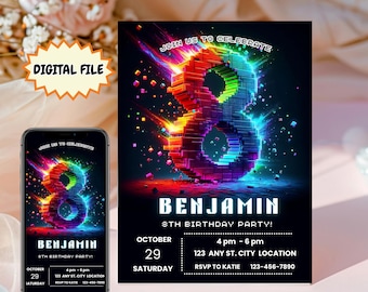 8th Birthday Invitation Template, Editable Boy Birthday Invite, 8th Birthday, Building Blocks, Editable Invitation, Digital Download