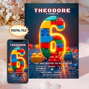 Könnte beinhalten: Eine digitale Einladung für eine Geburtstagsparty mit dem Namen Theodore und der Zahl sechs, die aus bunten Kunststoff-Bausteinen mit einer leuchtend gelben Umrandung besteht. Der Text enthält Angaben zu Datum, Uhrzeit und Ort.