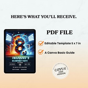Op de afbeelding: Een digitale uitnodiging voor Theodore's 8e verjaardagsfeestje, met een voetbalthema en een gepixelde cijfer 8. De uitnodiging bevat de datum, tijd en locatie. De afbeelding bevat ook de tekst "PDF-bestand", "Bewerkbare sjabloon 12,7 x 17,8 cm" en "Een Canva Basic Guide."