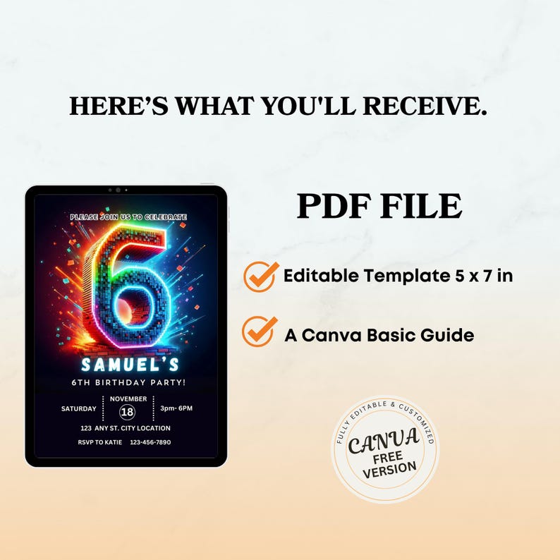 May include: A digital invitation for Samuel's 6th birthday party, displayed on a tablet. The invitation features a large, glowing number 6 with colourful accents. Includes party details, a PDF file, and a Canva guide.