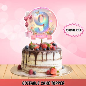 9th Birthday Cake Topper, Editable Cake Topper, Girl Birthday Party Tags,  Printable Party Decor, Editable Canva Template, Instant Download