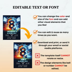 Op de afbeelding: Een digitaal sjabloon voor een verjaardagsfeestje met voetbalthema. Het ontwerp bevat een gepixelde cijfer 8, een voetbal en stadionlichten. Tekst bevat "EDITABLE TEXT OR FONT" en details over het bewerken van kleur, lettertype en visuele elementen.