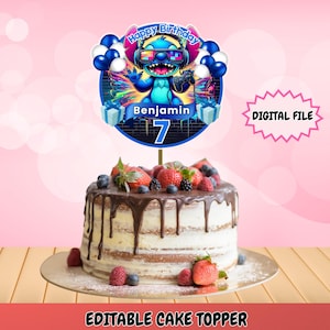 Editable Stitch Cake Topper, Cute Aliens Happy Birthday Cake Topper, Digital Cake topper, Printable Cake topper, Digital Download, Gamer boy