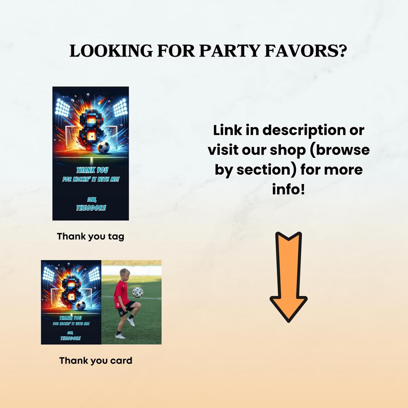 Op de afbeelding: Afbeelding met voetbalthema feestartikelen. Tekst luidt "LOOKING FOR PARTY FAVORS?" met voorbeelden van bedanklabels en kaarten. De labels en kaarten hebben een voetbal- en doelpuntontwerp met het nummer 8.