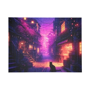 Kot i azjatycka ulica Puzzle - Twilight Alley Cat Anime Puzzle - Jakość Premium - 96-1000 elementów