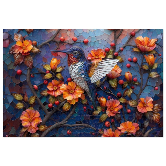 1000 Piece Flower Mosaic Jigsaw Puzzle - Hummingbird In Blossom Adult Puzzle