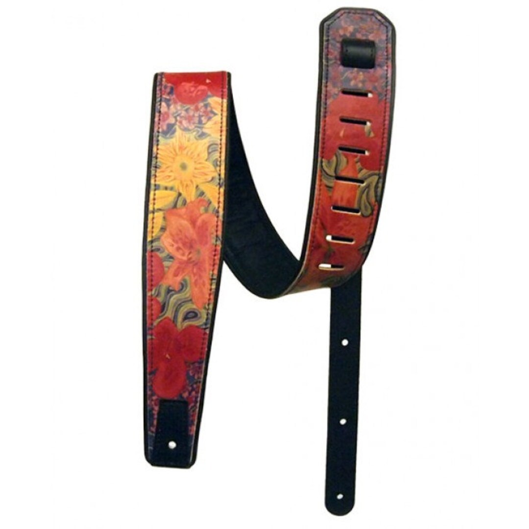 Flower Guitar Strap, Guitar Strap, Colorful Guitar Strap, Black Leather