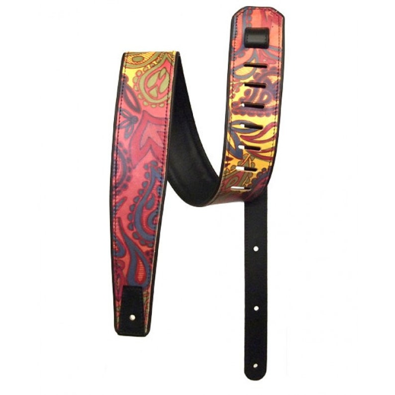 Hand Drawn Paisley Guitar Strap, Adjustable Guitar Strap, Guitar Strap, Colorful Guitar Strap, Black Leather image 1