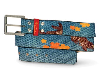 Koi Ledergürtel, Koi Fischledergürtel, Koi Fischgürtel, Blauer Ledergürtel