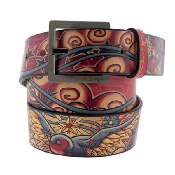 Sparrow Tattoo Leather Belt, Womens Belt, Mens Belt, Black Leather Belt, Handmade Leather Belt, Leather Belt, Bird Belt