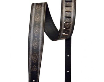 Blue India Print Guitar Strap, Guitar Strap, Blue Guitar Strap, Leather Black, Handmade Leather. Eastern Print