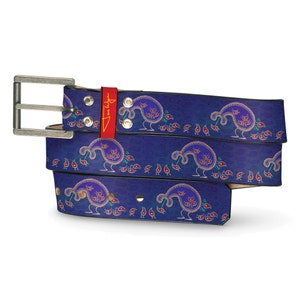 Bizarro Paisley Eater Leather Belt, Paisley Leather Belt, Paisley Belt, Blue Paisley Belt