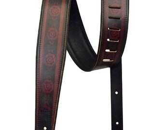 Crimson India Print Guitar Strap, Adjustable Guitar Strap, Guitar Strap, Colorful Guitar Strap, Black Leather, Handmade Leather