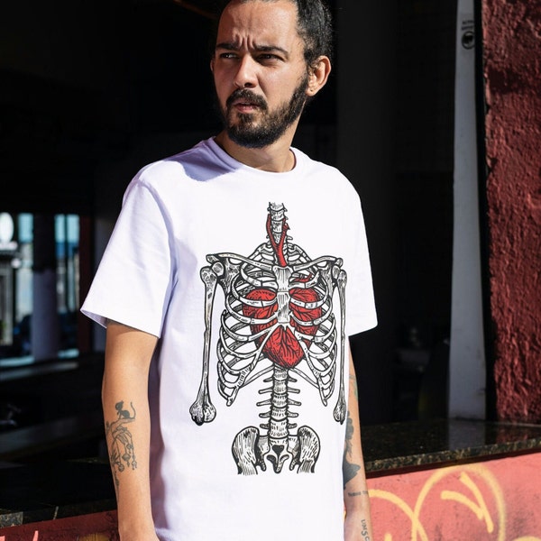 Maglietta unisex pesante - FineLine Graphic Skeleton's Heart Graphic Tee Heart Ribcage Style Camicia da uomo Regalo Arte estetica T-shirt Fidanzato Papà