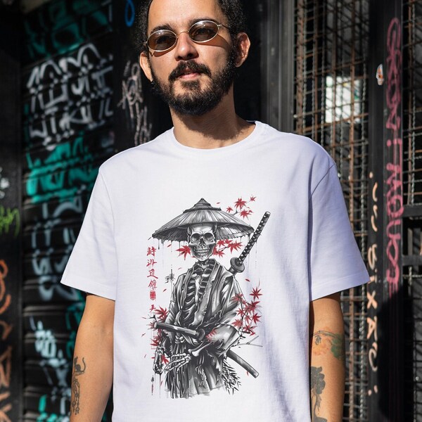 Maglietta pesante unisex - FineLine grafica scheletro Samurai grafica Tee Ninja stile giapponese camicia da uomo regalo arte estetica t-shirt fidanzato papà