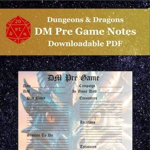 Puede incluir: Una hoja de notas de pre-juego DM para Dungeons & Dragons imprimible con una ilustración de un dragón azul. La hoja incluye secciones para la fecha, la campaña, la fecha en el juego, los encuentros, las ubicaciones, la sesión que se debe hacer, los tesoros, los secretos y las pistas, los PNJ y los nombres de los jugadores.