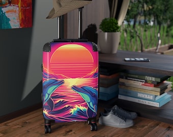 Retro Synthwave Koffer | Hartschalengepäck mit Delfinen bei Sonnenuntergang | 80er Jahre Neon Reiseetui | Handgepäck | Geschenk für Delfinliebhaber