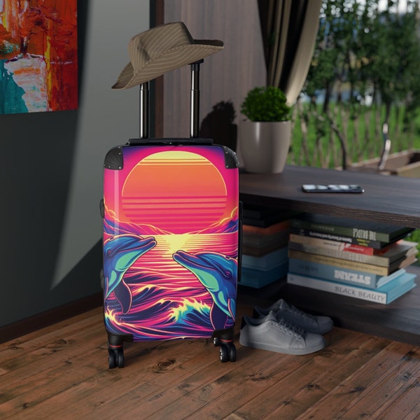 Retro Synthwave Suitcase | Hard Shell Luggage with Dolphins at Sunset | 80s Neon Travel Case | Carry-On Luggage | Gift for Dolphin Lover