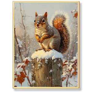 Squirrel Oil Painting, Winter Woodland Art Print Digital Download | Cute Red Squirrel on Snowy Fence Post, Cozy Cabin Nursery Wall Decor
