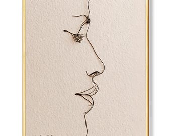 Minimalist one line female profile drawing, modern line art poster on beige paper texture, elegant boho wall decor, digital download