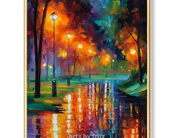 Night in the Park – Colorful Rain Reflections | Oil Painting Digital Download | Abstract Cityscape, Modern Wall Art, Style of Leonid Afremov