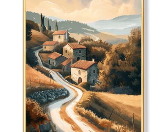 Peaceful European countryside village, warm Mediterranean landscape art, Tuscany-style wall print, rustic summer poster, digital download