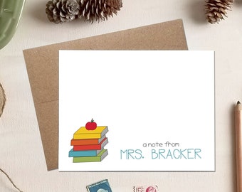 Personalized Gift for Teachers - Apple and Books Stationery - Back to School Note Cards