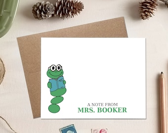 Personalized Gift for Teachers - Bookworm Stationery - FLAT Note Cards - Back to School Stationery