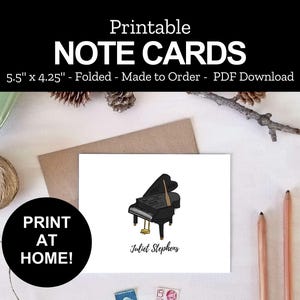 Printable Piano Note Cards - Personalized Grand Piano Stationery - Pianist Gift - Print at Home PDF