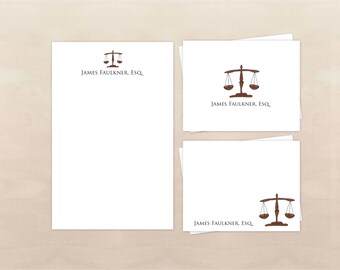 Lawyer Gift - Justice Stationery - Law Gift Set - Personalized Scales of Justice Note Cards and Notepad