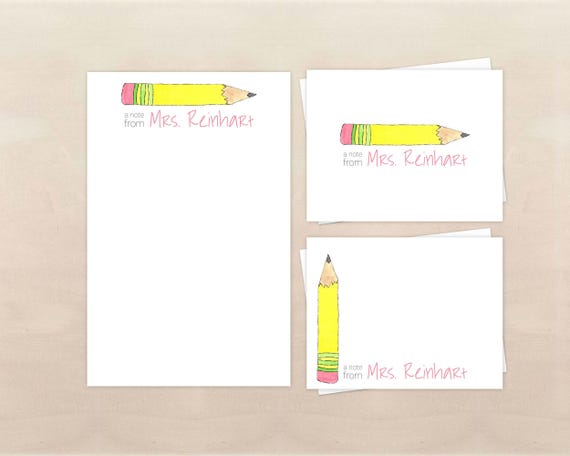 Teacher Stationery - Watercolor Pencil Stationery Set - Personalized Notepad & Note Cards - Teacher Appreciation Gift