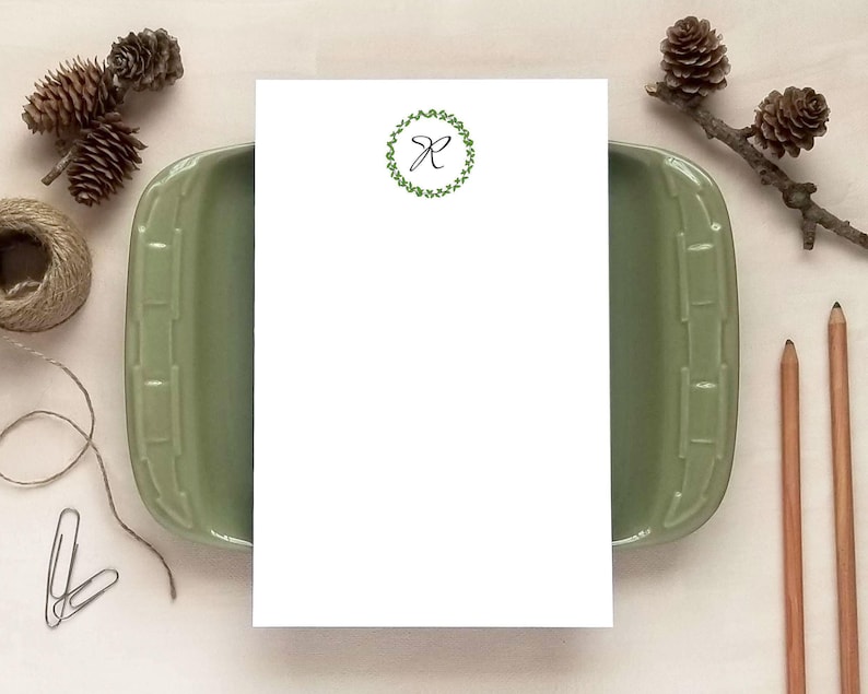 Greenery Wreath Stationery - Initial Monogram Notepad - Gift for Women image 1