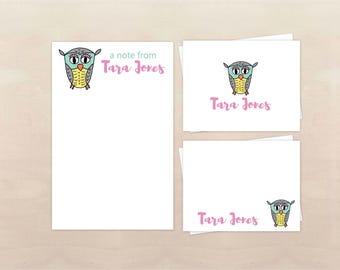 Owl Stationery Gift Set - Personalized Owl Notepad and Note Cards - Owl Lover Gifts