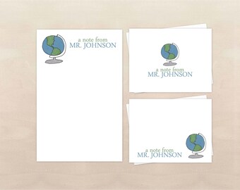 Social Studies Teacher Gift Set - Personalized Globe Stationery - Notepad & Note Cards - Teacher Gift