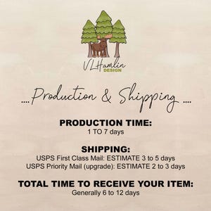 The image is a promotional graphic for VL Hamlin Design, featuring a cartoon moose and trees, along with text providing details about production and shipping times and postage options.
