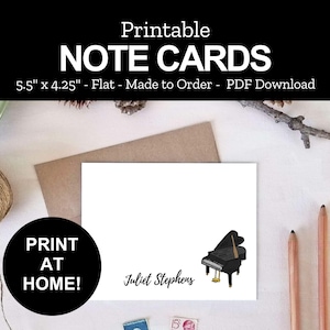 Printable Grand Piano Note Cards - Personalized Piano Stationery - DIY Pianist Gifts - Print at Home PDF