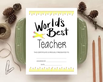 Teacher Appreciation Certificate, World's Best Teacher Certificate Printable Gift, Instant Download