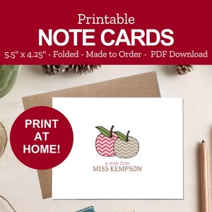 Printable Chevron Apple Note Cards for Teachers - Personalized Teacher Stationery Gifts - Print at Home PDF