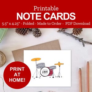 Drums Note Cards Printable - DIY Gift for Drummer - Monogram Drum Note Cards - Personalized Drum Gift - Print at Home PDF