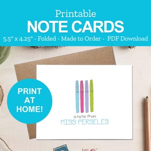 Printable Colored Pens Note Cards - Personalized Stationery Gift for Teachers - Back to School - Print at Home PDF