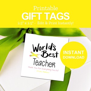 Puede incluir: Etiquetas de regalo imprimibles con el texto "World's Best Teacher" y dos l&aacute;pices cruzados. Las etiquetas miden 2,5 pulgadas por 2,5 pulgadas y est&aacute;n disponibles para descarga instant&aacute;nea.