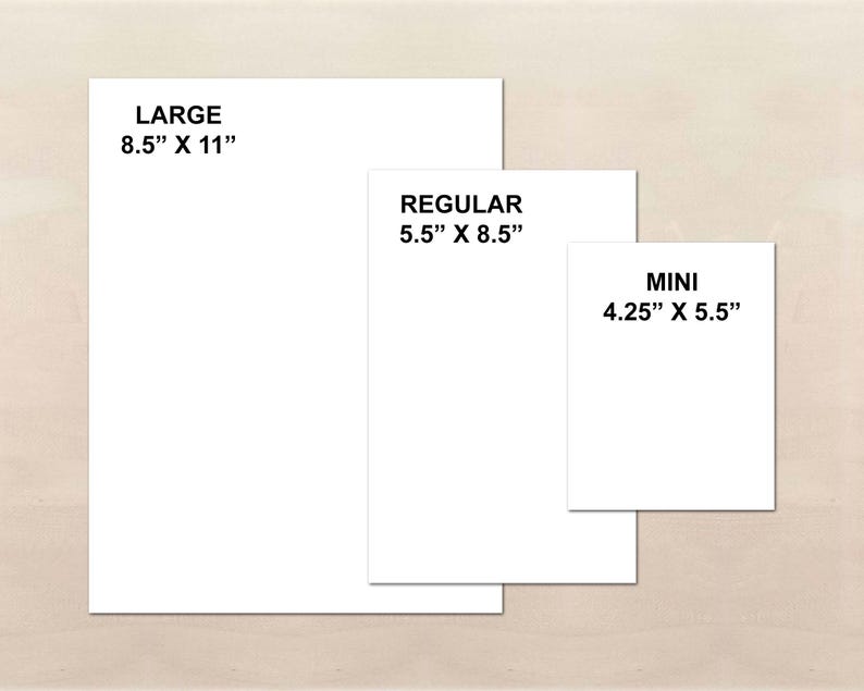 three different sizes of white paper sheets, labeled as "LARGE 8.5" x 11", "REGULAR 5.5" x 8.5", and "MINI 4.25" x 5.5", indicating the paper sizes available.