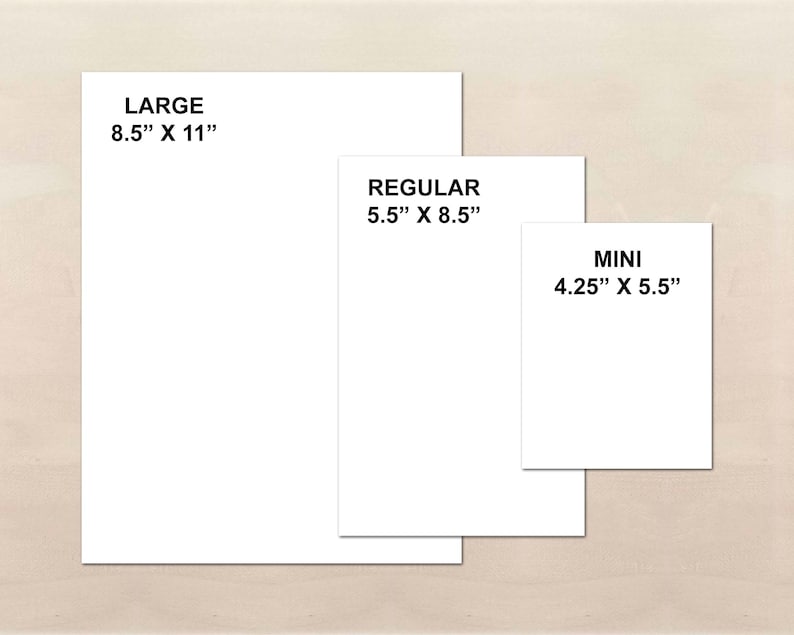 three different sizes of white paper sheets, labeled as "LARGE 8.5" x 11", "REGULAR 5.5" x 8.5", and "MINI 4.25" x 5.5", indicating the paper sizes available.
