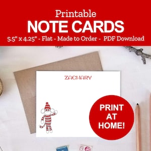 Printable Sock Monkey Cards - Personalized Note Cards - Stationery for Kids - Print at Home PDF