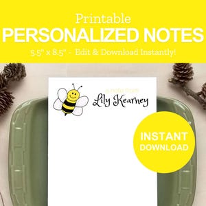 Printable Bee Stationery for Kids - Personalized Note Paper - Letter Writing Gifts for Children - Instant Download - Print at Home